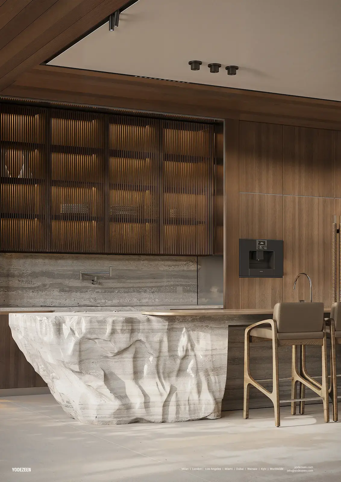 Yodezeen stone kitchen interior rendering for Lybyer Residence